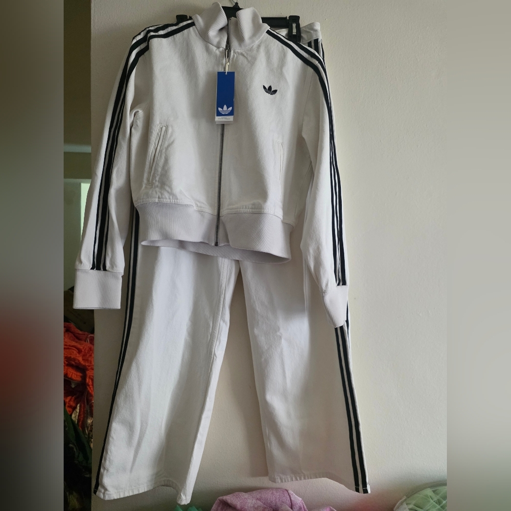 Adidas Women's Firebird Track Pants Denim White Jeans Cloud White Bnwt - Picture 10 of 10